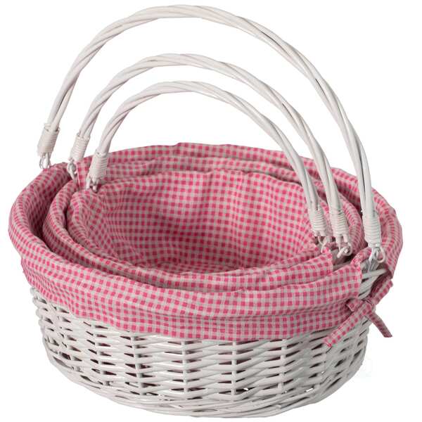 Wickerwise White Round Willow Gift Basket with Pink and White Gingham Liner and Sturdy Foldable Handles 3 Set QI004620.PK.3